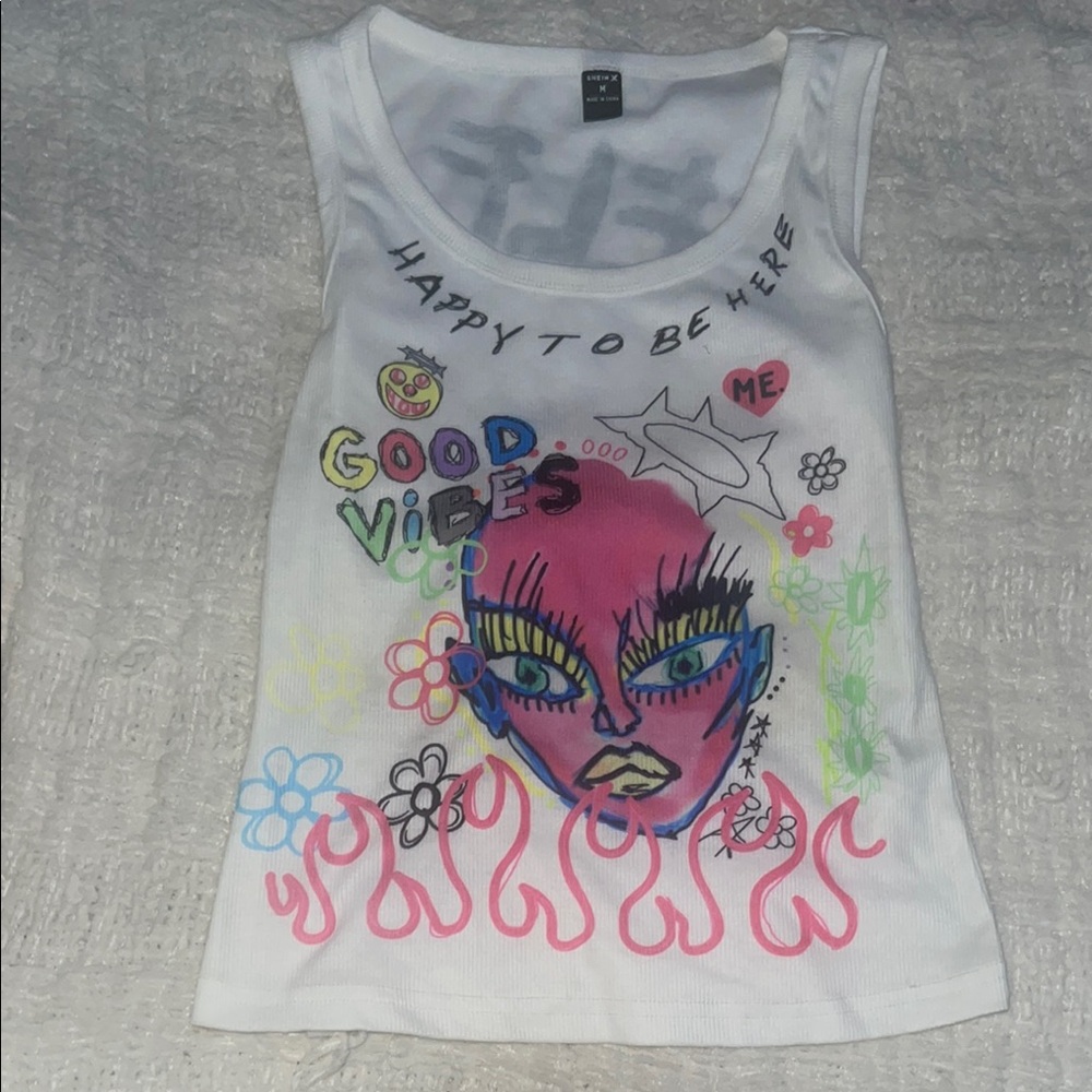 Women’s Graphic Tank Top - White with Multicolor Design